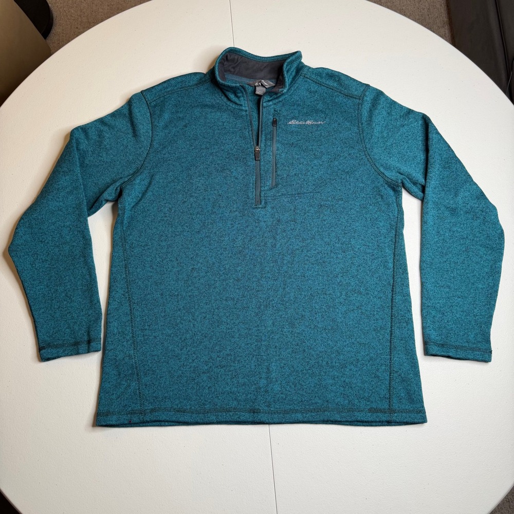 Eddie Bauer‎ Mens Teal Green Marled Quarter Zip Fleece Pullover Sweater Large